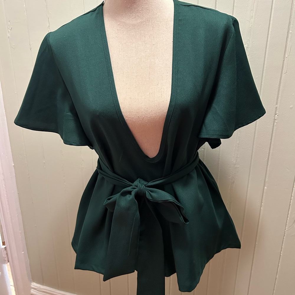 Deep forest Green V-Neck Tie-Waist Top